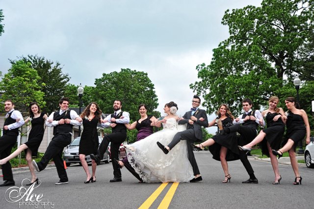bride, groom, bridal party, franklin, eclectic wedding, road, black attire